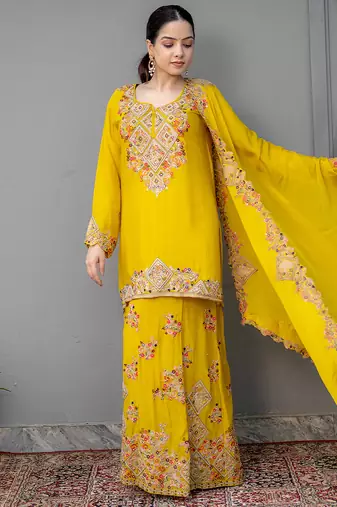 Yellow embroidered chiffon sharara set