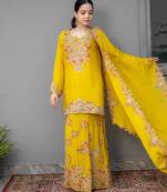 Yellow embroidered chiffon sharara set