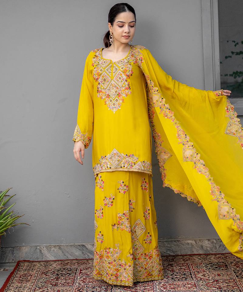 Yellow embroidered chiffon sharara set
