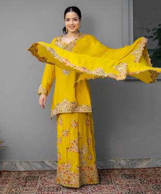 Yellow embroidered chiffon sharara set 2