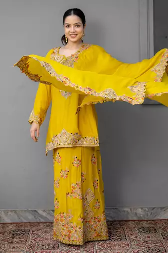 Yellow embroidered chiffon sharara set