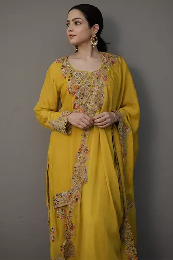 Yellow embroidered chiffon sharara set