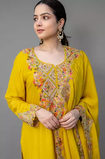 Yellow embroidered chiffon sharara set