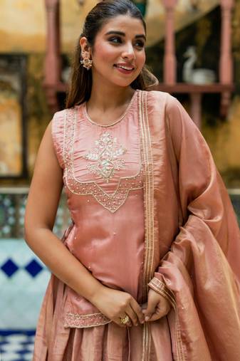 BROWN SILK HAND KURTA AND SKIRT AND DUPATTA