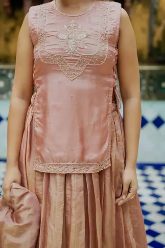 BROWN SILK HAND KURTA AND SKIRT AND DUPATTA