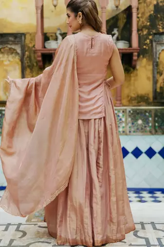 BROWN SILK HAND KURTA AND SKIRT AND DUPATTA
