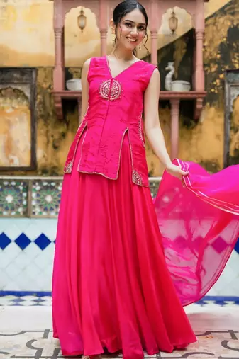 PINK SILK Embroidered LEHENGA AND TOP AND DUPATTA