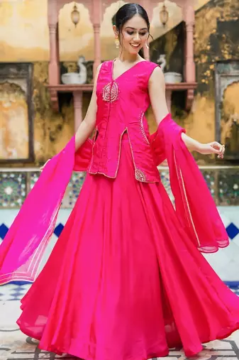 PINK SILK Embroidered LEHENGA AND TOP AND DUPATTA