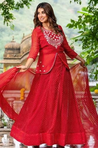 Red BHANDHINI GEORGETTE GOTA PATTI LEHENGA Blouse AND DUPATTA