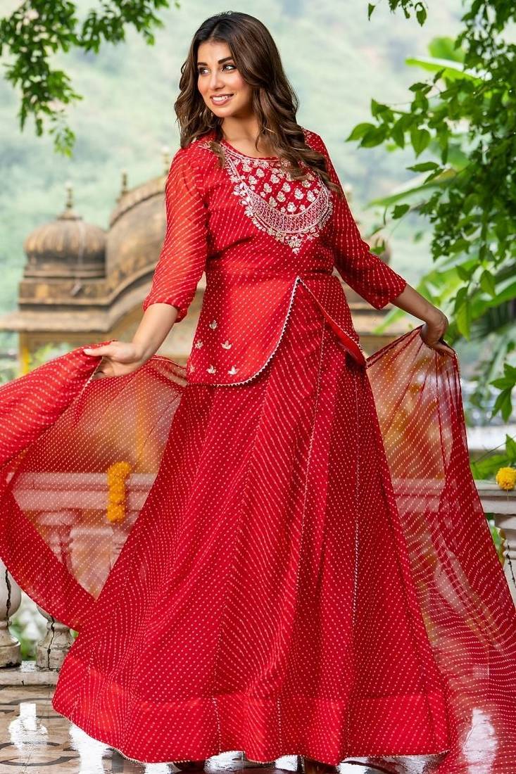 Red BHANDHINI GEORGETTE GOTA PATTI LEHENGA Blouse AND DUPATTA