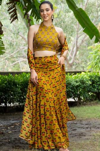 MUSTARD ORGANZA PRINTED Embroidered CROPE TOP AND SKIRT AND DUPATTA