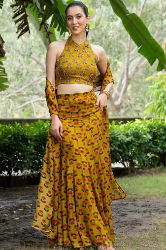 MUSTARD ORGANZA PRINTED Embroidered CROPE TOP AND SKIRT AND DUPATTA