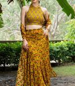 MUSTARD ORGANZA PRINTED Embroidered CROPE TOP AND SKIRT AND DUPATTA