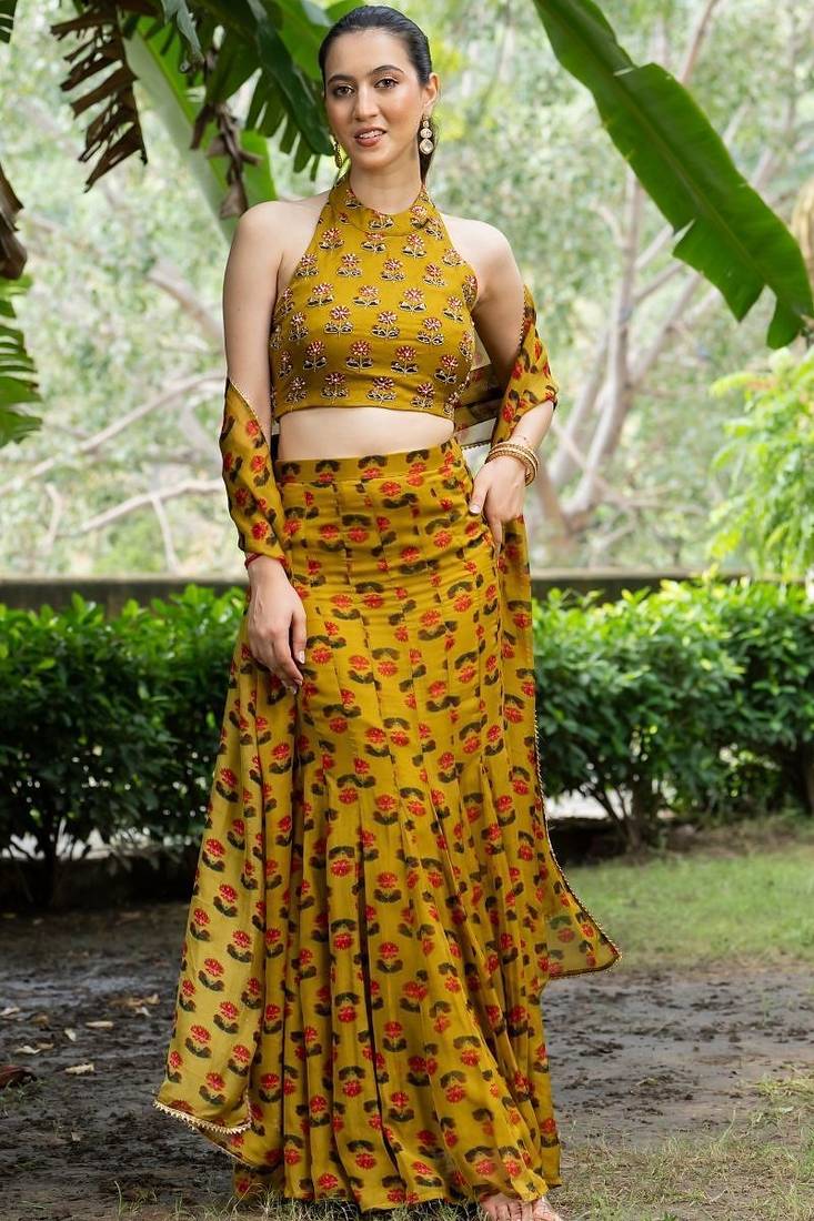 MUSTARD ORGANZA PRINTED Embroidered CROPE TOP AND SKIRT AND DUPATTA