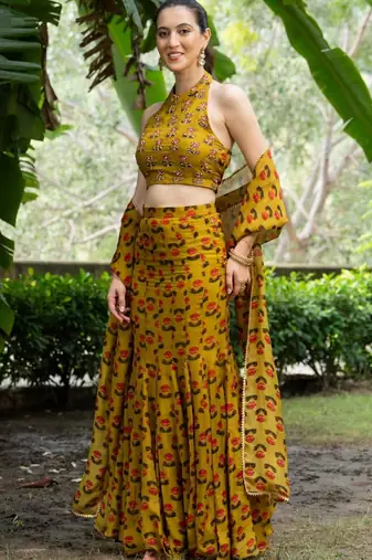 MUSTARD ORGANZA PRINTED Embroidered CROPE TOP AND SKIRT AND DUPATTA