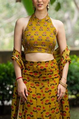MUSTARD ORGANZA PRINTED Embroidered CROPE TOP AND SKIRT AND DUPATTA 3