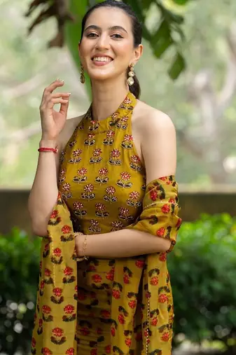 MUSTARD ORGANZA PRINTED Embroidered CROPE TOP AND SKIRT AND DUPATTA