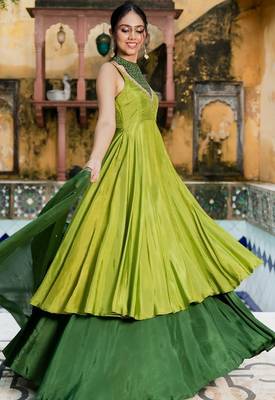 GREEN SILK Embroidered KURTA AND SKIRT AND DUPATTA 3