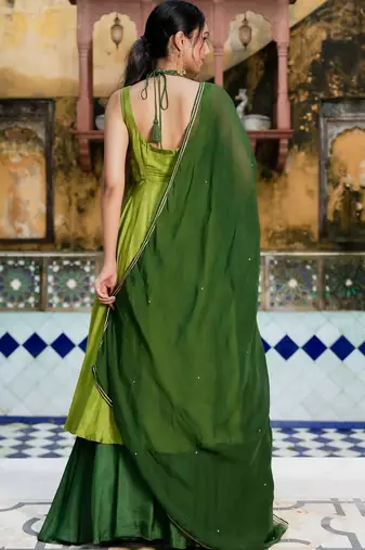 GREEN SILK Embroidered KURTA AND SKIRT AND DUPATTA