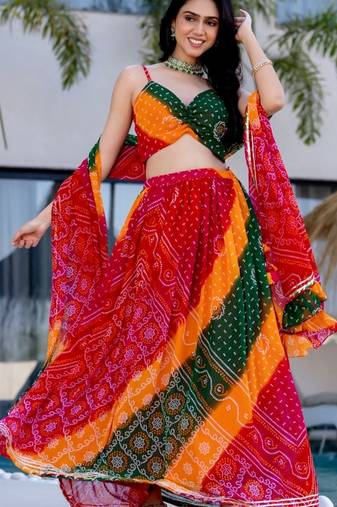 MULTICOLOUR Georgette BHANDHEJ LACE LEHENGA & BLOUSE AND DUPATTA