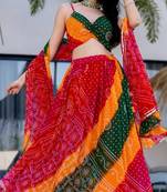 MULTICOLOUR Georgette BHANDHEJ LACE LEHENGA & BLOUSE AND DUPATTA