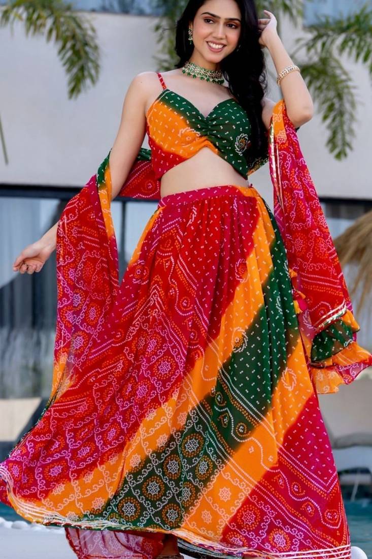 MULTICOLOUR Georgette BHANDHEJ LACE LEHENGA & BLOUSE AND DUPATTA