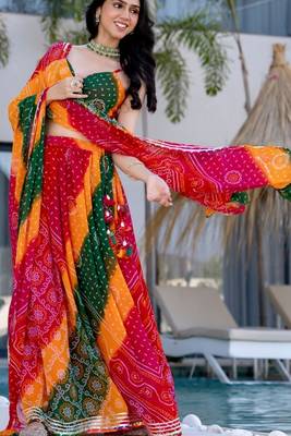 MULTICOLOUR Georgette BHANDHEJ LACE LEHENGA & BLOUSE AND DUPATTA 2