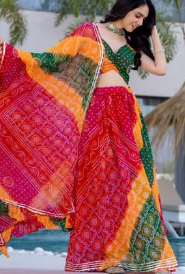 MULTICOLOUR Georgette BHANDHEJ LACE LEHENGA & BLOUSE AND DUPATTA 3