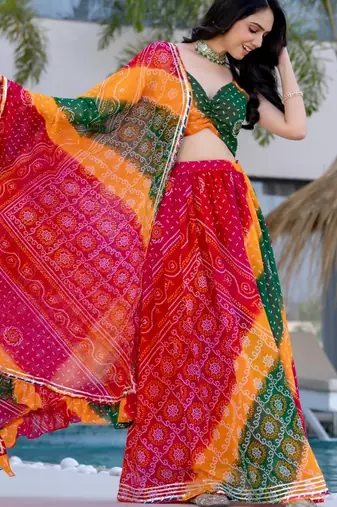 MULTICOLOUR Georgette BHANDHEJ LACE LEHENGA & BLOUSE AND DUPATTA