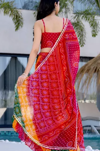 MULTICOLOUR Georgette BHANDHEJ LACE LEHENGA & BLOUSE AND DUPATTA