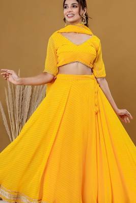 YELLOW BHANDHINI GEORGETTE LACE LEHENGA & BLOUSE AND DUPATTA 1