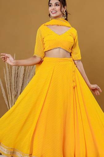 YELLOW BHANDHINI GEORGETTE LACE LEHENGA & BLOUSE AND DUPATTA