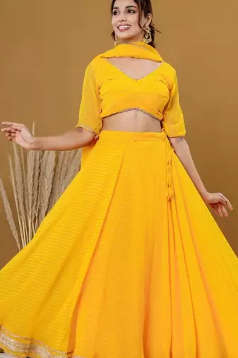 YELLOW BHANDHINI GEORGETTE LACE LEHENGA & BLOUSE AND DUPATTA