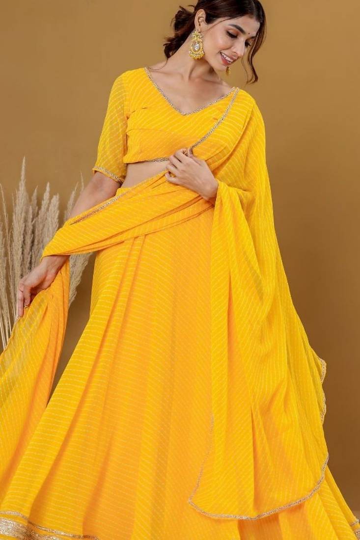YELLOW BHANDHINI GEORGETTE LACE LEHENGA & BLOUSE AND DUPATTA