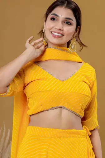 YELLOW BHANDHINI GEORGETTE LACE LEHENGA & BLOUSE AND DUPATTA