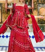 RED CHIFFON BHANDHINI SKIRT AND KURTA AND DUPATTA