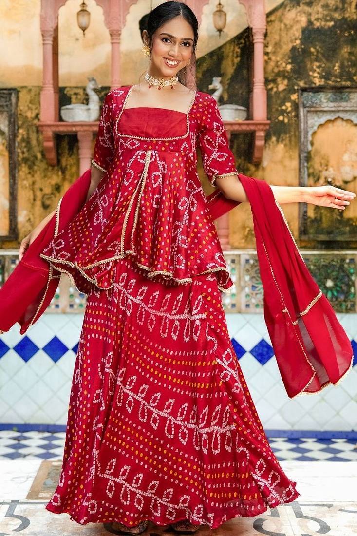 RED CHIFFON BHANDHINI SKIRT AND KURTA AND DUPATTA