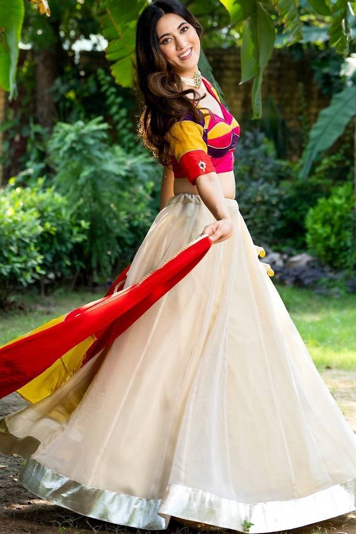 OFF WHITE SILK LACE LEHENGA AND MULTI-COLOUR BLOUSE AND DUPATTA