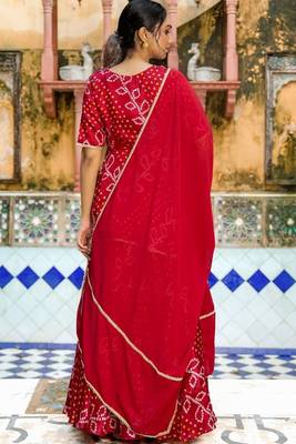 RED CHIFFON BHANDHINI SKIRT AND KURTA AND DUPATTA 4