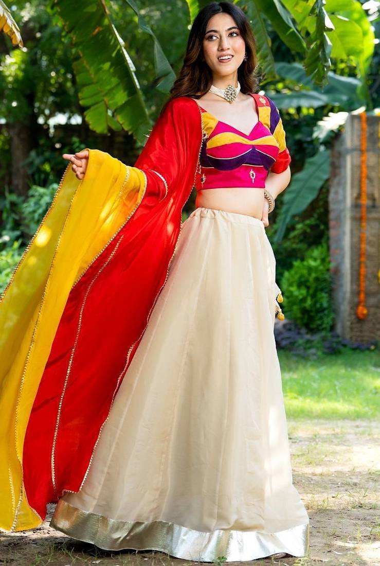 OFF WHITE SILK LACE LEHENGA AND MULTI-COLOUR BLOUSE AND DUPATTA