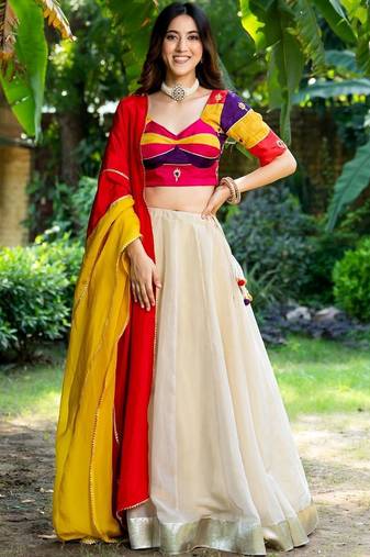 OFF WHITE SILK LACE LEHENGA AND MULTI-COLOUR BLOUSE AND DUPATTA