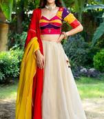 OFF WHITE SILK LACE LEHENGA AND MULTI-COLOUR BLOUSE AND DUPATTA