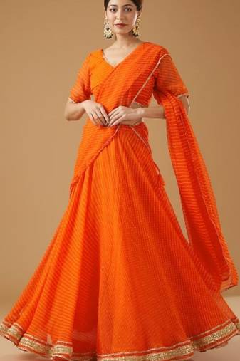ORANGE GEORGETTE LACE WROK BHANDHINI LEHENGA & BLOUSE AND DUPATTA