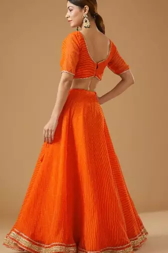 ORANGE GEORGETTE LACE WROK BHANDHINI LEHENGA & BLOUSE AND DUPATTA