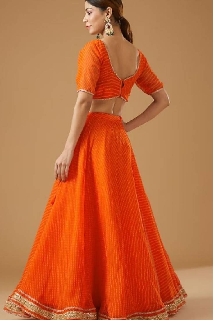 ORANGE GEORGETTE LACE WROK BHANDHINI LEHENGA & BLOUSE AND DUPATTA