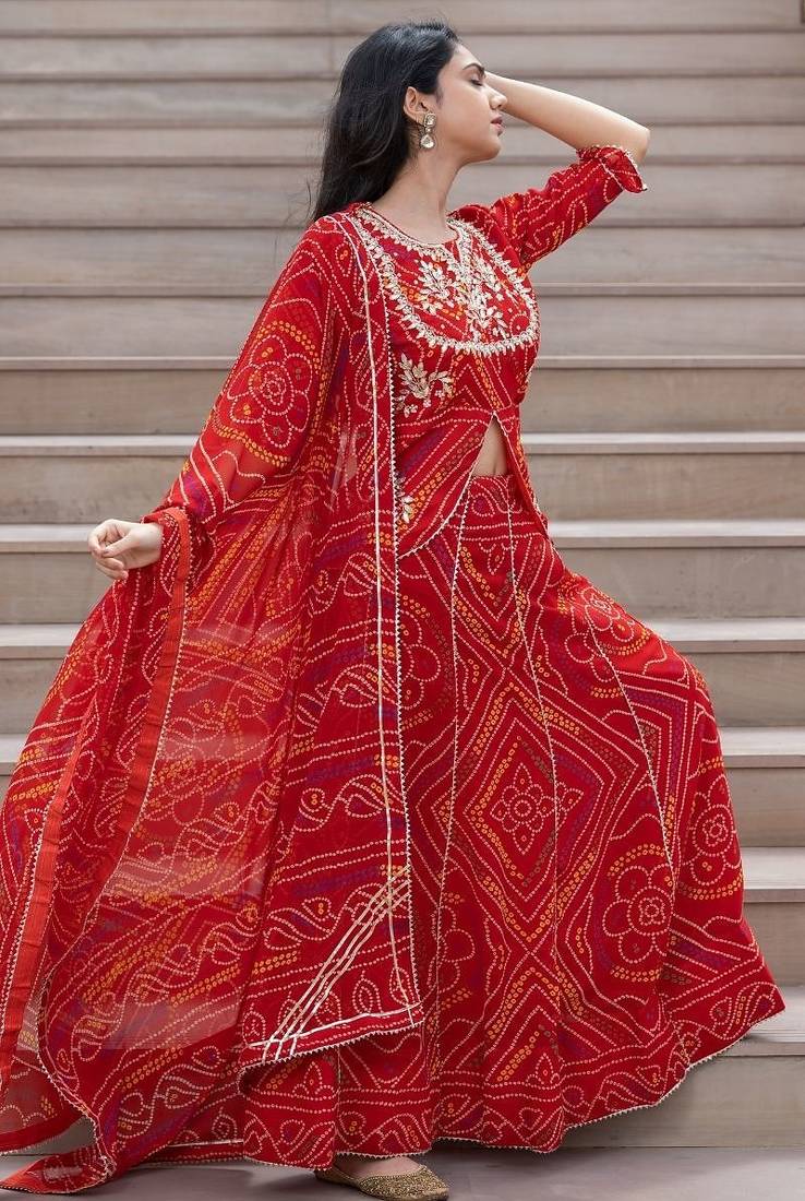 RED GRORGETTE HAND BHANDHINI LAEHENGA AND BLOUSE AND DUPATTA