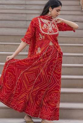 RED GRORGETTE BHANDHINI LAEHENGA SET WITH BLOUSE AND DUPATTA 4