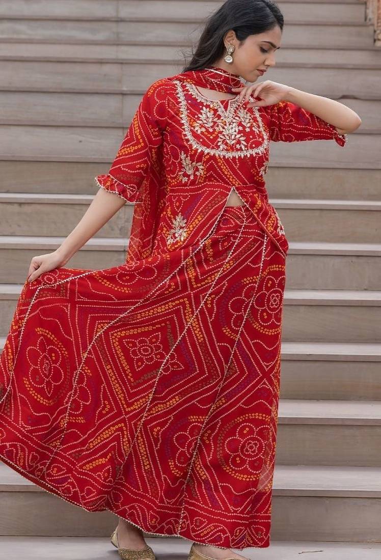 RED GRORGETTE HAND BHANDHINI LAEHENGA AND BLOUSE AND DUPATTA