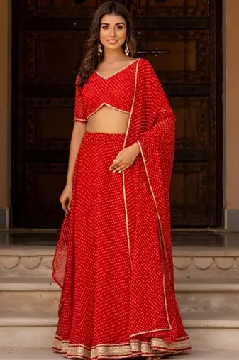 RED GRORGETTE LACE BHANDHINI LAEHENGA SET WITH BLOUSE AND DUPATTA