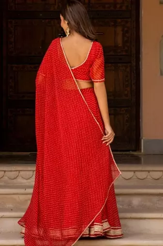 RED GRORGETTE LACE BHANDHINI LAEHENGA SET WITH BLOUSE AND DUPATTA